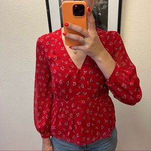 Madewell v-neck peplum top with sheer sleeves